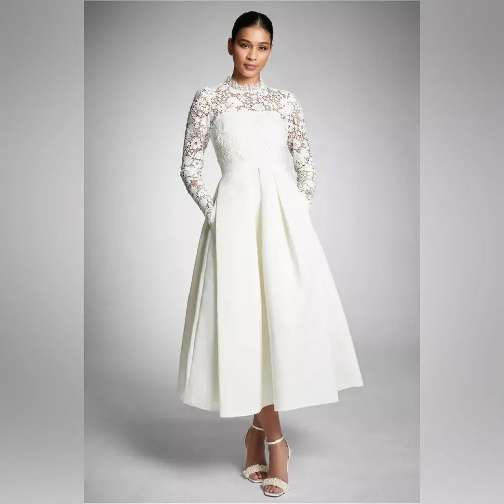 Sachin + Babi Anthropologie Cecelia Lace-Sleeve A-Line Pleated Midi Dress